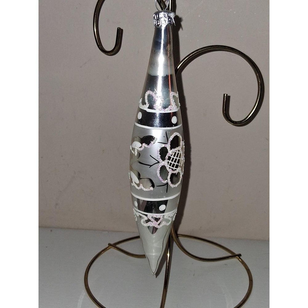 Vintage Poland 7" Hand Blown Glass Finial Christmas Ornament Silver Frosted mica